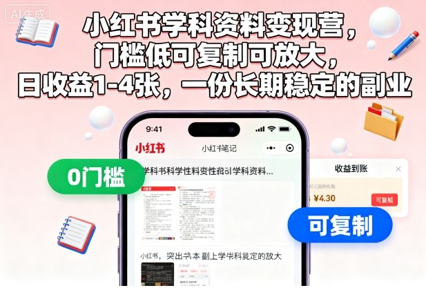 小红书学科资料变现营,门槛低可复制可放大,日收益1-4张,一份长期稳定的副业-易网赚