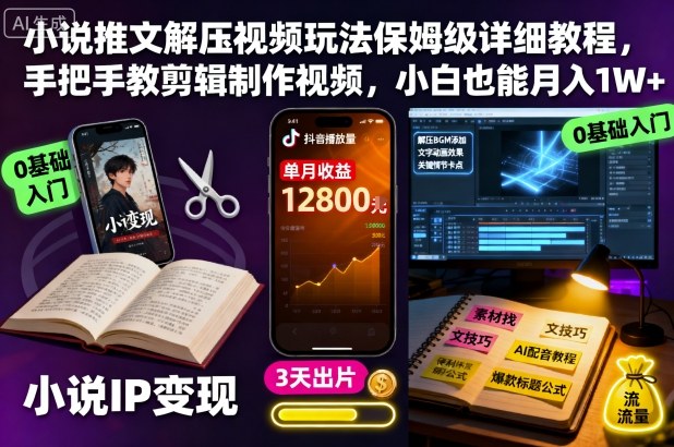 小说推文解压视频玩法保姆级详细教程,手把手教剪辑制作视频,小白也能月入1W+-易网赚