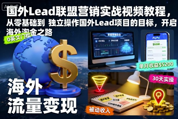 国外Lead联盟营销实战视频教程,从零基础到独立操作国外Lead项目的目标,开启海外淘金之路-易网赚