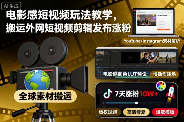 电影感短视频玩法教学,搬运外网短视频剪辑发布涨粉-易网赚