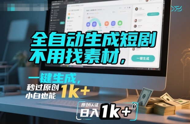 全自动生成短剧，不用找素材，不用剪辑，一键生成，秒过原创，小白也能轻松日入1k+【揭秘】-易网赚