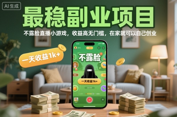 最稳副业项目，不露脸直播小游戏，收益高无门槛，一天收益1k+，在家就可以自己创业【揭秘】-易网赚