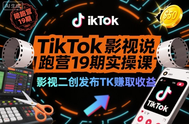 TikTok影视解说陪跑营19期实操课，影视二创发布TK賺取收益，万播收益50美金-易网赚