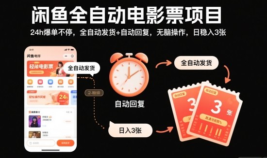 闲鱼全自动电影票项目,24h爆单不停,全自动发货+自动回复,无脑操作,日稳入3张【揭秘】-易网赚