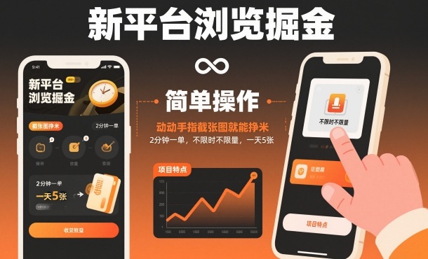 新平台浏览掘金，动动手指截张图就能挣米，2分钟一单，不限时不限量，一天5张【揭秘】-易网赚