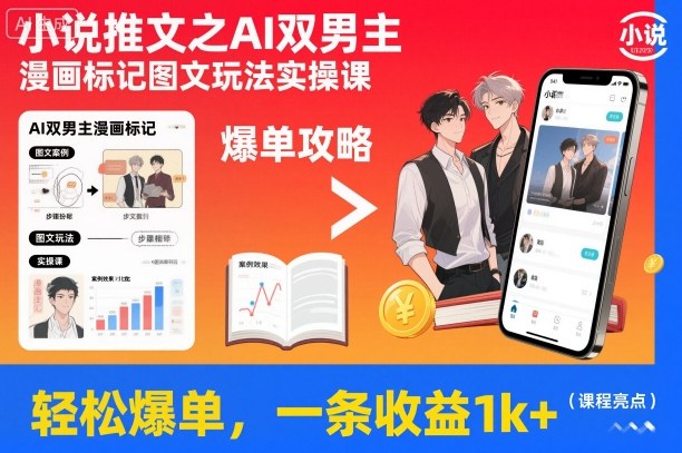 小说推文之AI双男主漫画标记图文玩法实操课，轻松爆单，一条收益1k+-易网赚