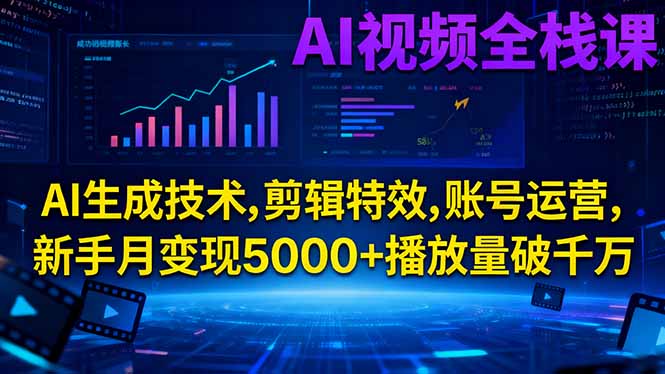 AI视频全栈课:AI生成技术,剪辑特效,账号运营,新手月变现5000+播放量破千万-易网赚