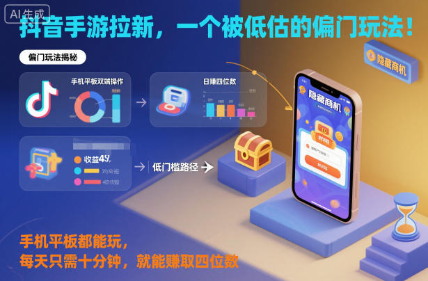 抖音手游拉新，一个被低估的偏门玩法！手机平板都能玩，每天只需十分钟，就能賺取四位数【揭秘】-易网赚