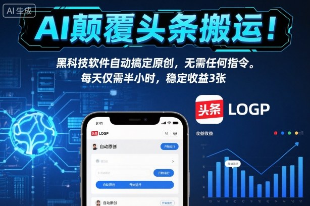 AI颠覆头条搬运！黑科技软件自动搞定原创，无需任何指令。每天仅需半小时，稳定收益3张【揭秘】-易网赚