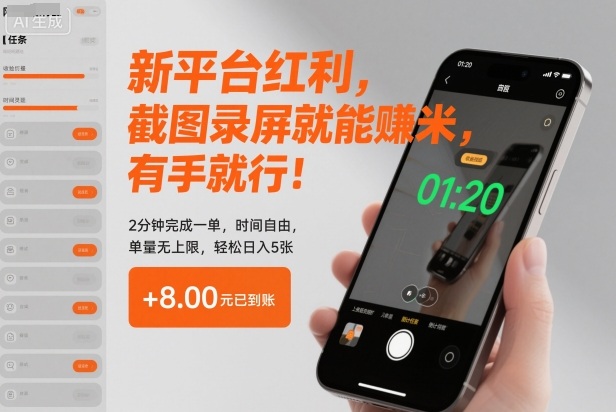新平台红利，截图录屏就能賺米，有手就行！2分钟完成一单，时间自由，单量无上限，轻松日入5张【揭秘】-易网赚