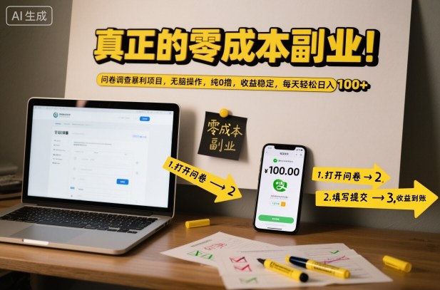 真正的零成本副业！问卷调查暴利项目，无脑操作，纯0撸，收益稳定，每天轻松日入100+【揭秘】-易网赚
