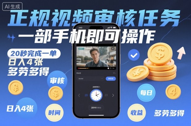 正规视频审核任务，一部手机即可操作，20秒完成一单，日入4张，多劳多得【揭秘】-易网赚