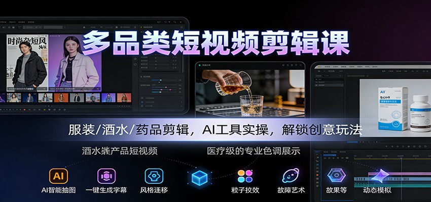 多品类短视频剪辑课：服装/酒水/药品剪辑，AI工具实操，解锁创意玩法-易网赚