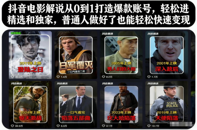 抖音电影解说从0到1打造爆款账号，轻松进精选和独家，普通人做好了也能轻松快速变现-易网赚