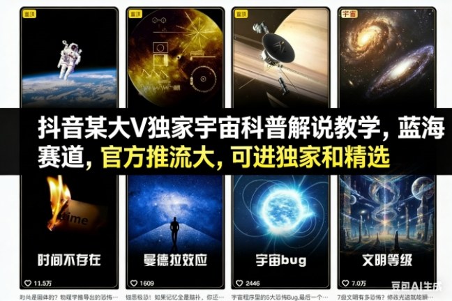 抖音某大V独家宇宙科普解说教学，蓝海赛道，官方推流大，可进独家和精选-易网赚