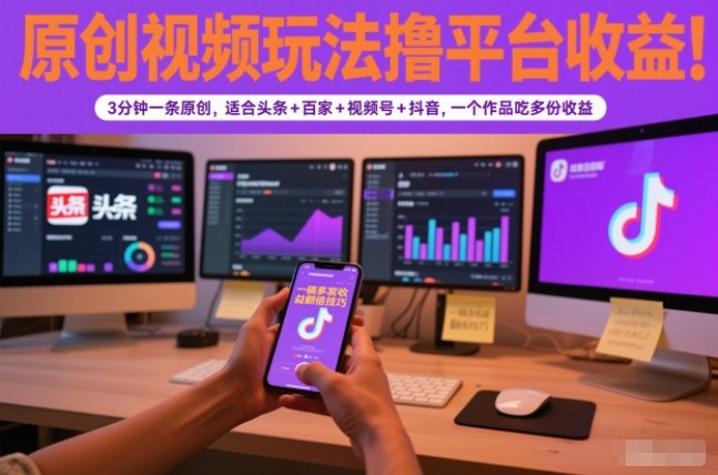 原创视频玩法撸平台收益，3分钟一条原创，适合头条+百家+视频号+抖音，一个作品吃多份收益-易网赚