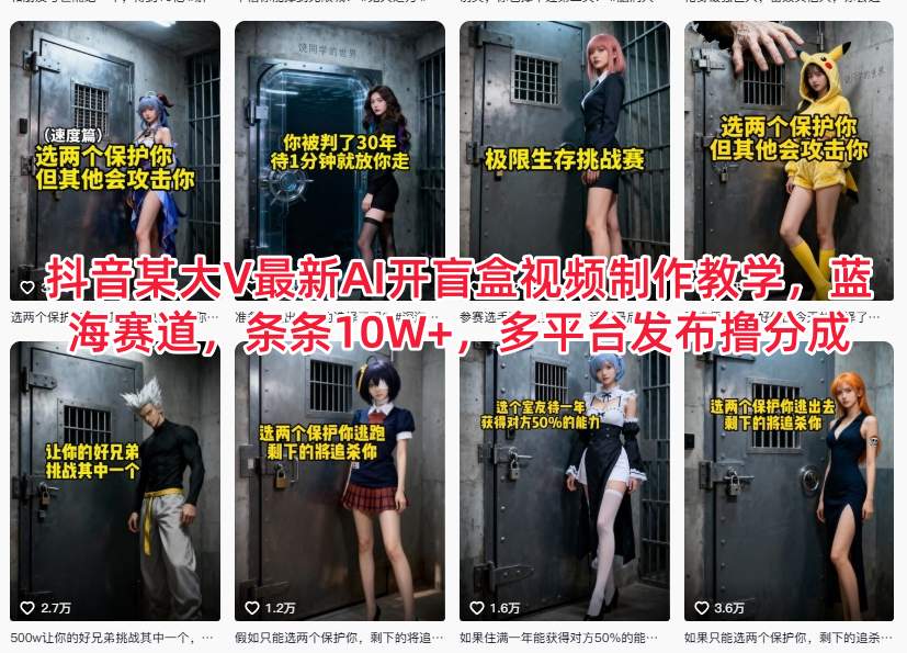 抖音某大V最新AI开盲盒视频制作教学，蓝海赛道，条条10W+，多平台发布撸分成-易网赚
