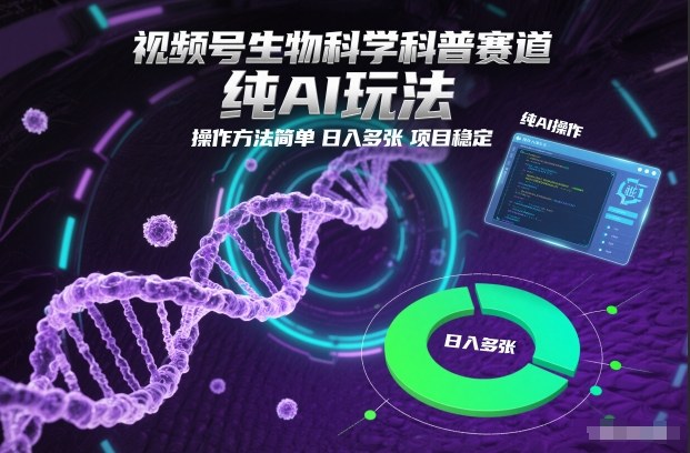 视频号生物科学科普赛道，纯AI玩法，操作方法简单，日入多张，项目稳定-易网赚