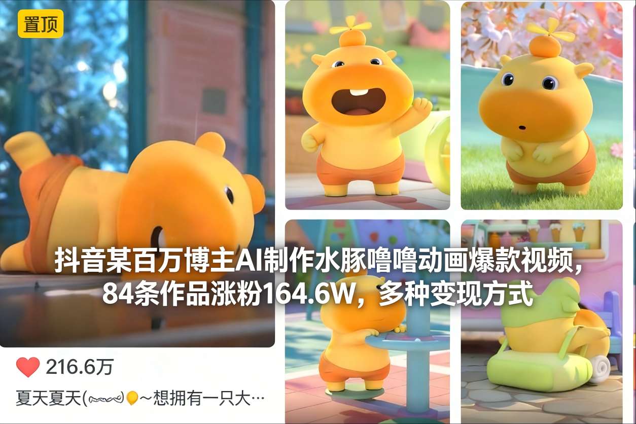抖音某百万博主AI制作水豚噜噜动画爆款视频，84条作品涨粉164.6W，多种变现方式-易网赚