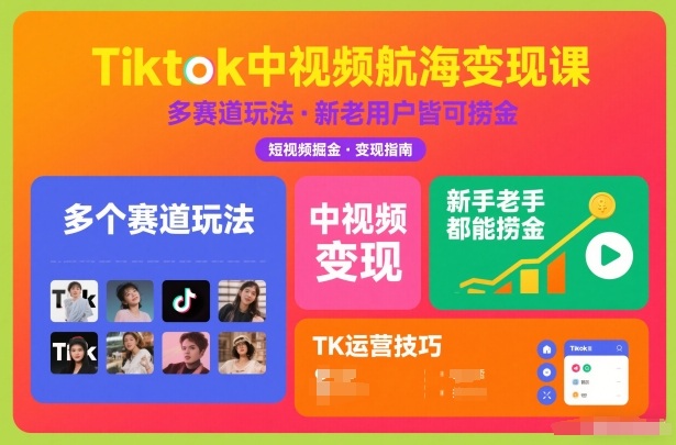 Tiktok中视频航海变现课，多个赛道玩法，新手老手都能在TK中视频捞金-易网赚