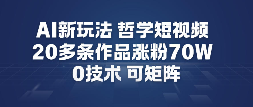 AI新玩法哲学短视频制作教学，20多条作品涨粉70W，0成本赛道，可矩阵-易网赚