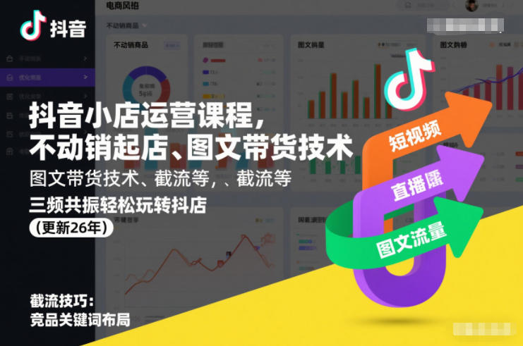 抖音小店运营课程，不动销起店、图文带货技术、截流等，三频共振轻松玩转抖店(更新26年)-易网赚