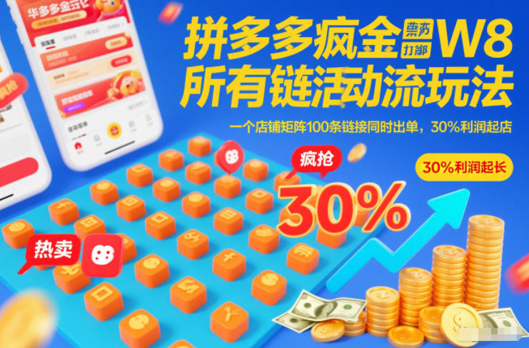 拼多多疯狂活动流玩法，所有链接全部打标，一个店铺矩阵100条链接同时出单，30%利润起店-易网赚