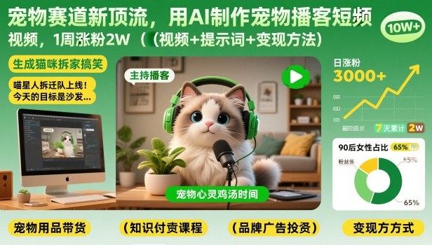 宠物赛道新顶流，用AI制作宠物播客短视频，1周涨粉2W(视频+提示词+变现方法)-易网赚