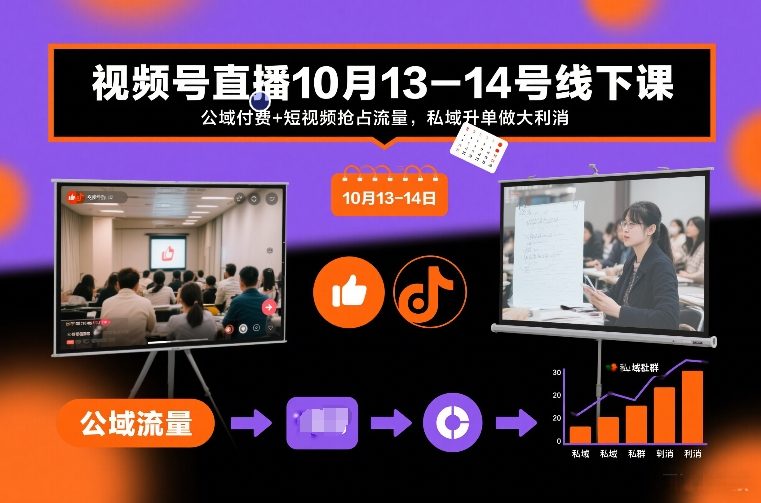 视频号直播10月13-14号线下课，公域付费+短视频抢占流量，私域升单做大利消-易网赚