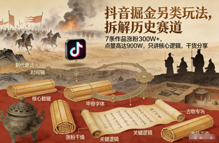 抖音掘金另类玩法,拆解历史赛道,7条作品涨粉300W+,点赞量高达900W,只讲核心逻辑,干货分享-易网赚