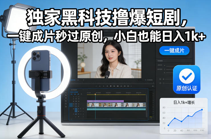 独家黑科技撸爆短剧，一键成片秒过原创，小白也能日入1k+【揭秘】-易网赚