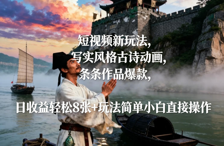 短视频新玩法，写实风格古诗动画，条条作品爆款，日收益轻松8张+玩法简单小白直接操作-易网赚
